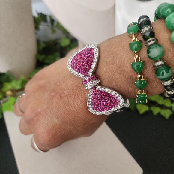 Silver with Pink and Clear CZ Bow Clamper Hinge Bling Bracelet - Picture 7 of 9